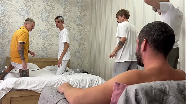 Four twinks have fun with step daddy while mom isn’t home