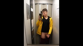 Sexy guy in sweatpants cums hard in the entrance. Jerk off in elevator