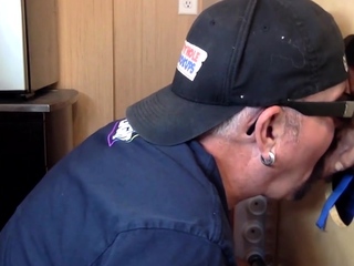 Moustache mature DILF deepthroats shaft in gloryhole duo