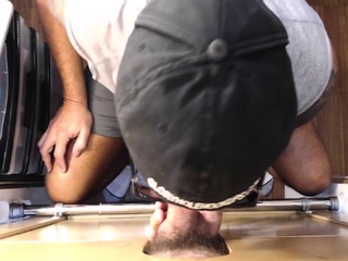 Inked mature DILF mouth spermed after gloryhole blowjob